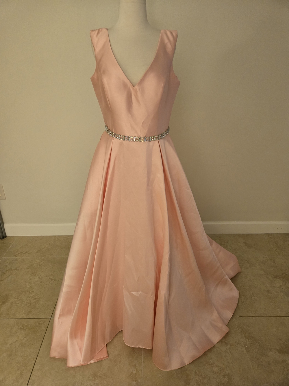 Alyce Paris Pink Satin V-Neck Prom Dress with Rhinestone Waist